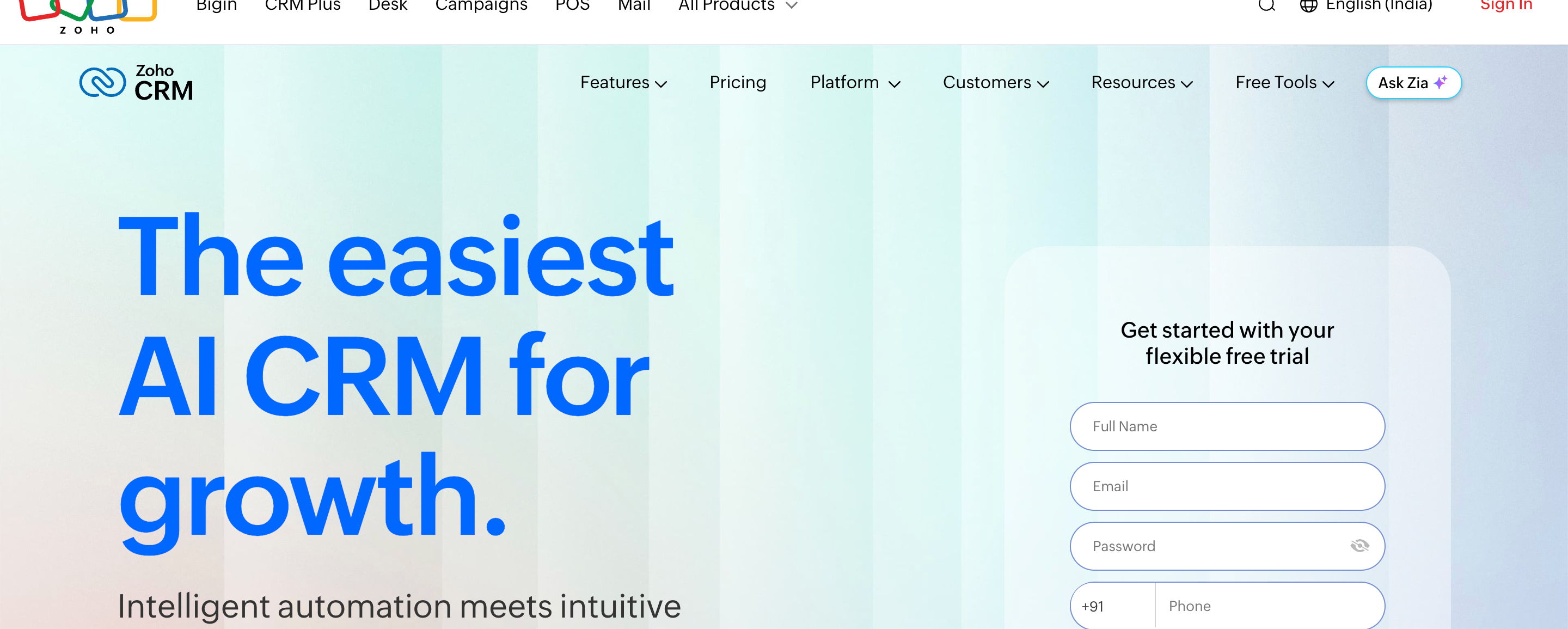 Zoho crm's landing page
